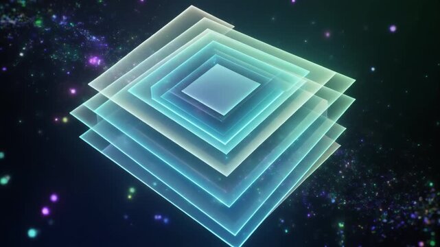 Abstract 3D glowing layers with square geometric shapes floating in a dark cosmic space