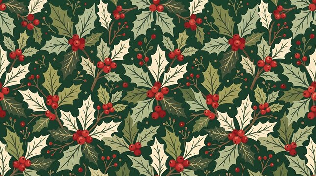 christmas Seamless pattern of red holly berries and green leaves on a dark green background with decorative