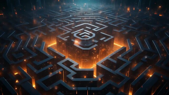 Intricate glowing labyrinth maze symbolizing complex technology, problem solving, and strategy