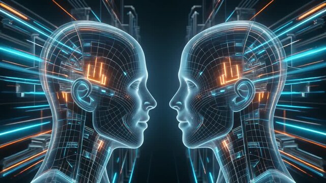 Futuristic artificial intelligence concept featuring glowing digital human heads facing each other