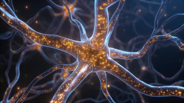 Microscopic view of glowing brain neurons transmitting electrical signals and nerve impulses in the human nervous system
