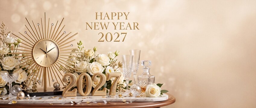 Elegant golden clock and festive white roses celebrating the coming year two thousand twenty seven on a luxury table setting
