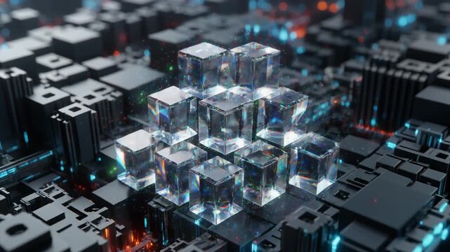 Futuristic digital abstract technology background with glowing transparent cubes and microchip circuit board