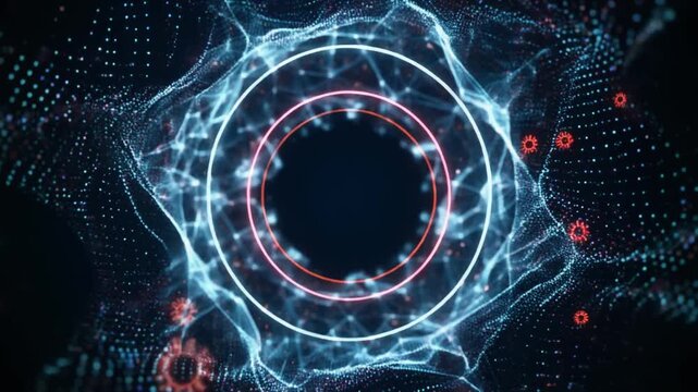 Abstract digital technology background with glowing blue particle waves, glowing rings, and complex data patterns for futuristic cybersecurity concepts