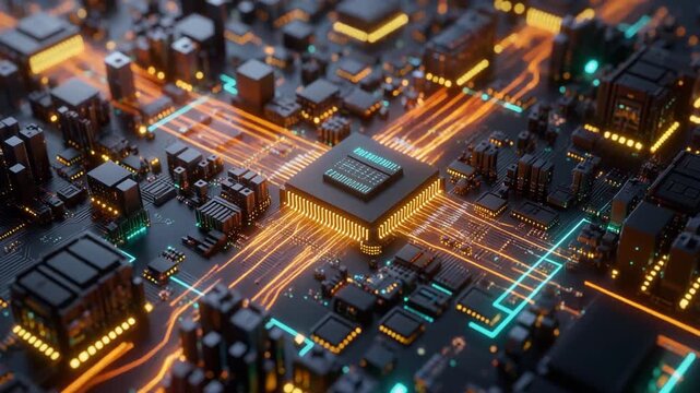 Futuristic motherboard with glowing electronic circuits and central microchip processor in a modern computer tech background