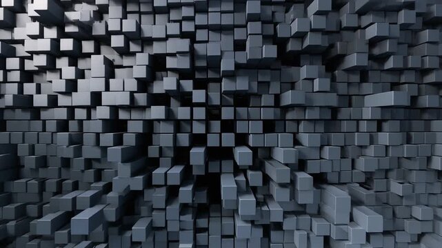 Abstract 3D background with a textured wall made of dark grey and black blocks of varying heights