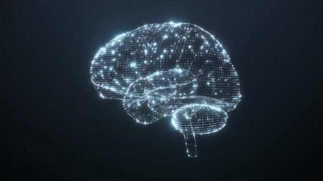 Glowing wireframe digital human brain concept representing artificial intelligence, neural networks, and modern technology data processing
