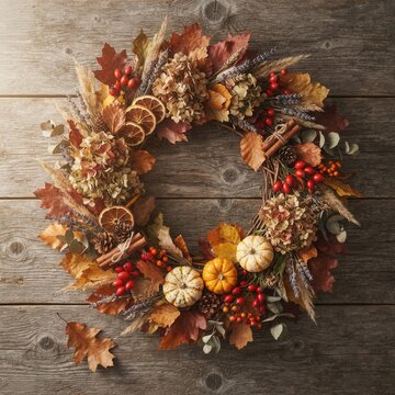 Fall wreath featuring dried flowers, mini pumpkins, and colorful foliage arranged on a rustic wooden background with soft directional light.