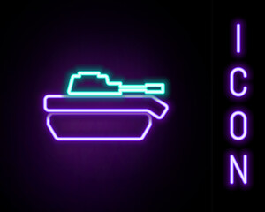 Fototapeta premium Glowing neon line Military tank icon isolated on black background. Colorful outline concept. Vector