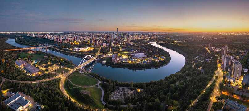 Panorama of Edmonton river valley at sunrise