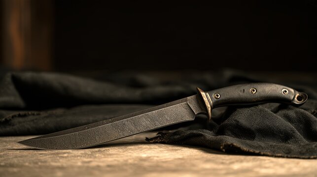 Tactical fixed blade knife with a pattern welded damascus steel blade