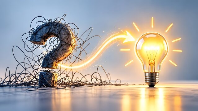 Messy tangled wire question mark transforming into glowing lightbulb with arrow representing problem solving clarity and creative innovation process