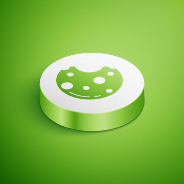 Isometric Chocolate cookies with marijuana leaf icon isolated on green background. Weed, ganja, medical and recreation cannabis. White circle button. Vector Illustration