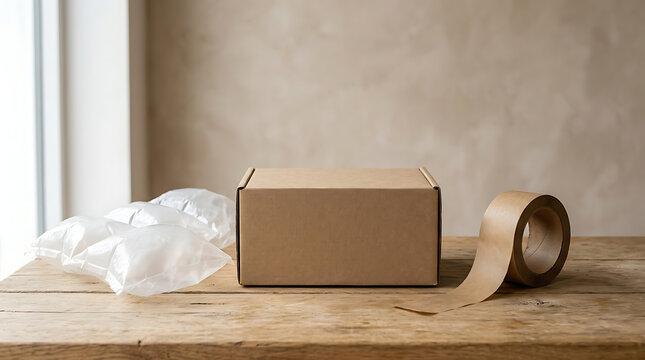 Cardboard shipping box with bubble wrap and roll of brown packing tape on a rustic wooden table surface