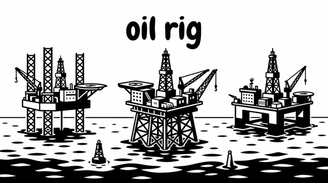 american oil rig black white vector offshore oil rig petroleum industry dangerous workplace drilling platform industrial business machinery energy extraction ocean professional safety illustration