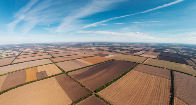 Aerial View of Agricultural Fields Patchwork Landscape and Horizon