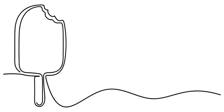 Ice cream popsicle with bite mark continuous line drawing for summer food menu branding and sweet snack advertising art.
