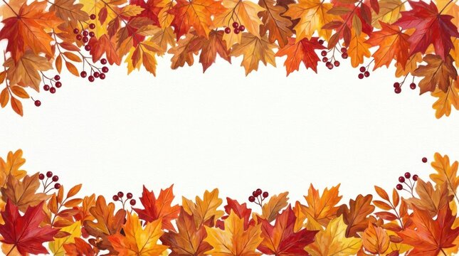 Autumn leaves border with berries on branches