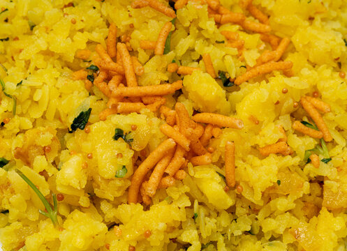 Poha Indian breakfast food closeup