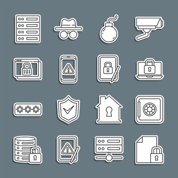 Set line Document and lock, Safe, Laptop, Bomb ready explode, Mobile with exclamation mark, Secure your site HTTPS, SSL, Server, Data, Web Hosting and Tablet closed padlock icon. Vector