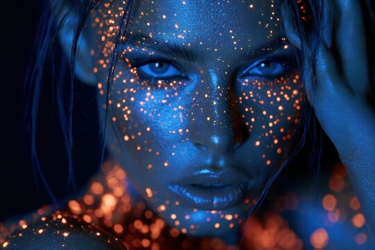 Woman's face glowing with orange freckles and blue light against a dark background