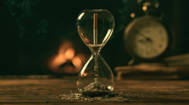 Cigarette burning, turning into ash inside an hourglass, symbolizing addiction and lost time