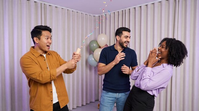 Three diverse young friends react with delight as a party popper sends bright confetti into the air, creating a playful indoor midnight scene with balloons, laughter, and spontaneous holiday energy