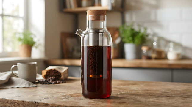 Cold brew coffee maker with glass carafe and cork lid on a wooden table with coffee beans and a mug in a bright kitchen setting