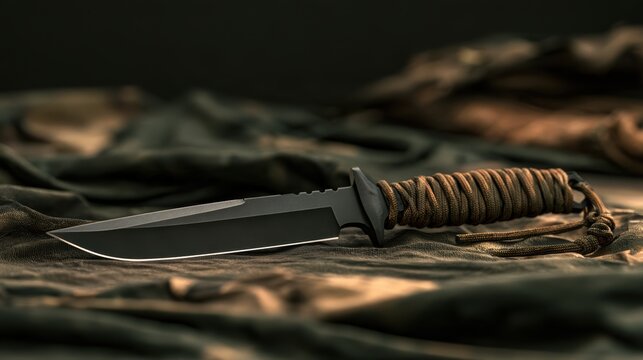 Tactical fixed blade knife lying on a piece of military camouflage fabric