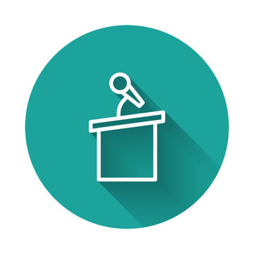 White line Stage stand or debate podium rostrum icon isolated with long shadow. Conference speech tribune. Green circle button. Vector