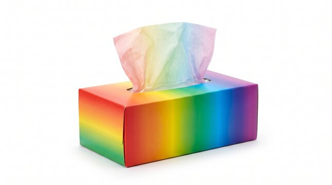 Rainbow gradient tissue box with soft pastel multicolor tissue pulled up, isolated on a white background