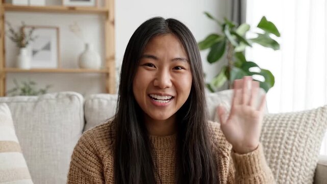 Young asian woman smiling warmly at camera giving thumbs up then waving hello and sitting on couch, lifestyle shot.
