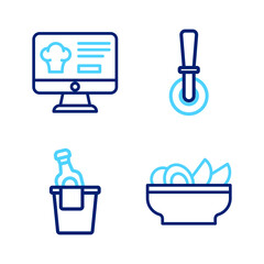 Fototapeta premium Set line Nachos in plate, Champagne an ice bucket, Pizza knife and Online ordering and delivery icon. Vector