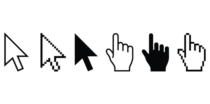 Set of computer mouse cursor icons including arrows and pointer hands with pointer icon computer interface web navigation hand pointer arrow cursor