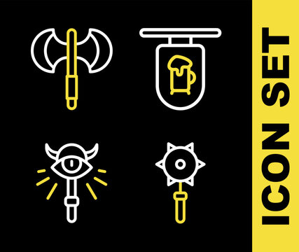 Set line Street signboard with Bar, Medieval chained mace ball, Magic staff and poleaxe icon. Vector