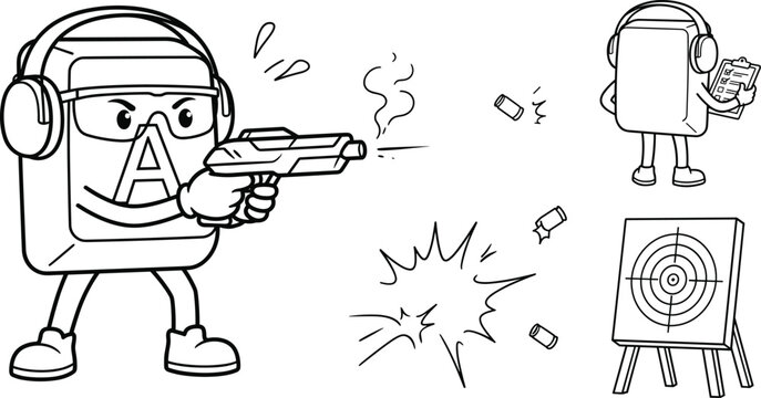 Funny letter A keyboard key mascot shooting gun at target vector