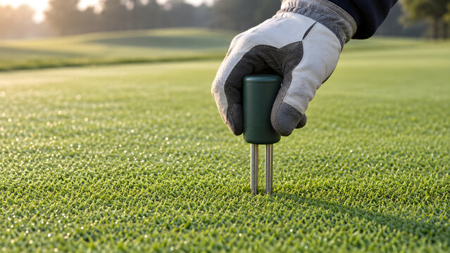 Groundskeeper Testing Turf Moisture with a Soil Probe