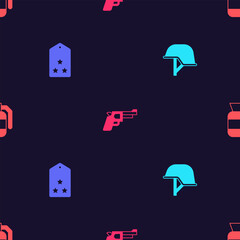 Fototapeta premium Set Military helmet, rank, Pistol or gun and Hand grenade on seamless pattern. Vector