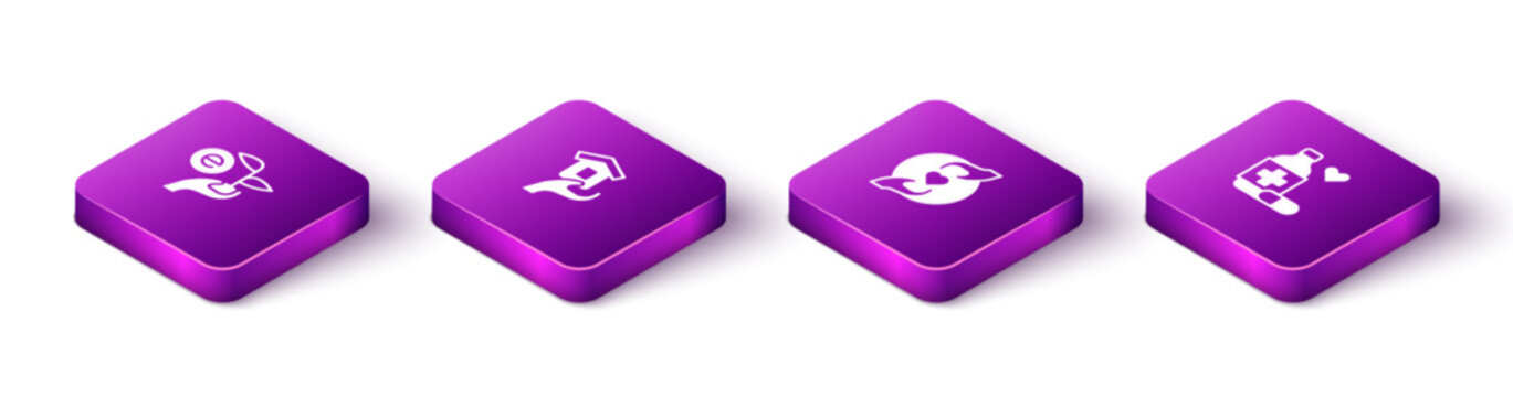 Set Isometric Leaf in hand, Shelter for homeless, Pleasant relationship and Medicine bottle pills icon. Vector