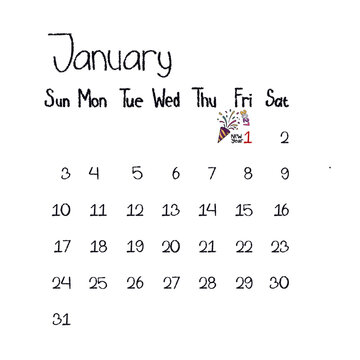 Hand drawn January month calendar page with New Year party popper doodle illustration