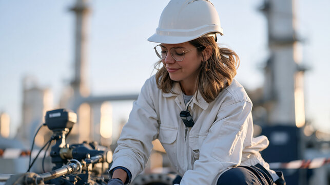 A woman industrial radiographer positions a gamma-ray inspection device against a pipeline weld seam in a petrochemical plant, radiation warning tape stretched around the area,