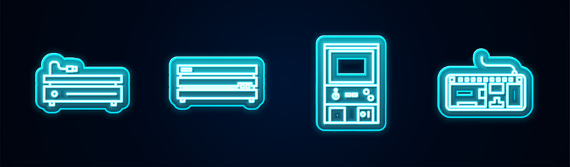 Set line Video game console, , Retro arcade machine and Computer keyboard. Glowing neon icon. Vector © vector_v