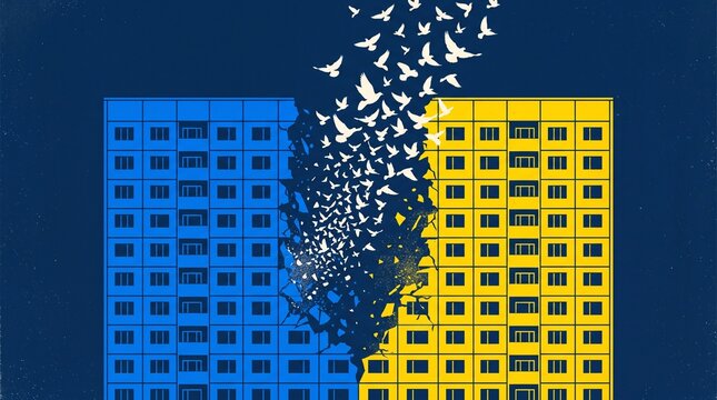 Buildings in colors of the Ukrainian flag split apart as white doves fly up from the crack.