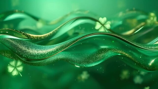 Green Abstract Wave Glitter Clover Shapes Flowing Magical Festive Background