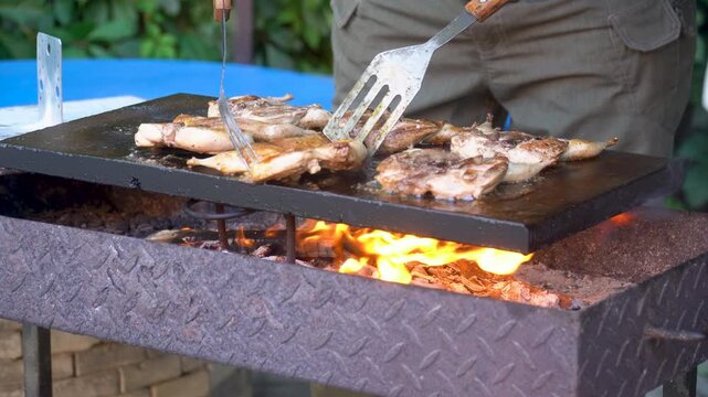 Chicken BBQ Cooking on a Hot Stone Over Glowing Coals &ndash; Vertical