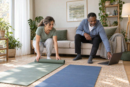 Middle-aged couple preparing yoga mats for a home workout