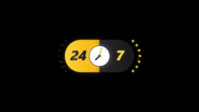 24,7 service concept, roundtheclock support icon with clock symbol, digital time availability sign on dark background