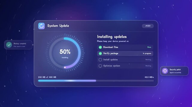 Software update popup animation with progress ring, download icon, checklist and success checkmark on blue violet gradient background