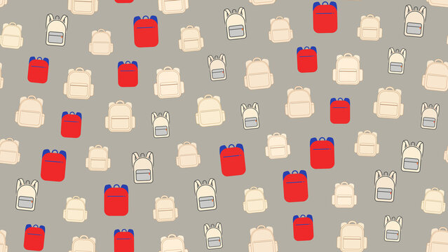 Seamless pattern of red, blue, and beige backpacks