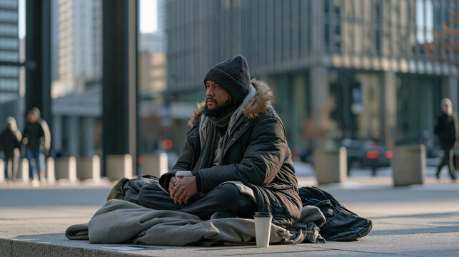 begging and economic inequality concept background showing a contrast between a wealthy modern business district and a vulnerable homeless person on the sidewalk, wealth gap,